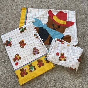 Vtg Dundee Fieldcrest Twin Sheet Set Kids Teddy Bear Red Grid Flat Fitted Pillow